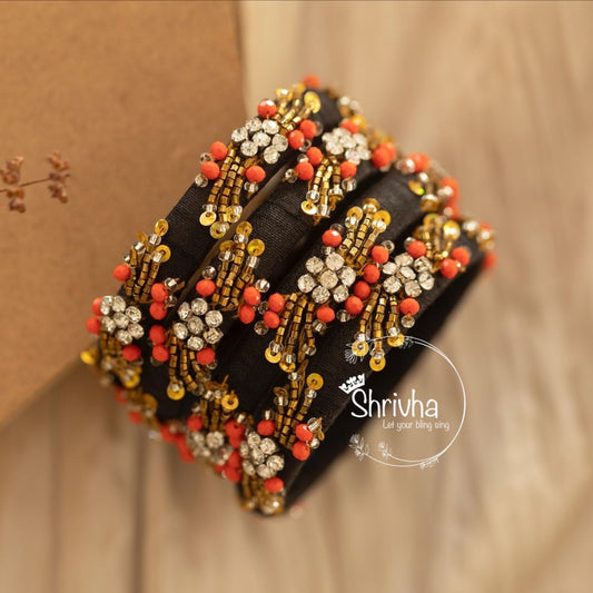 Noir Blossom – Raw Silk Embellished Bangle