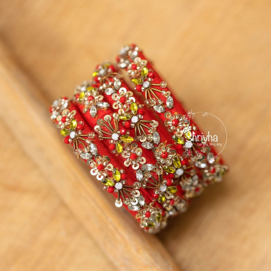 Scarlet Sparkle – Embellished Raw Silk Bangle
