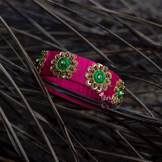 Magenta Charm – Green Embellished Silk Bangle (1 pc)