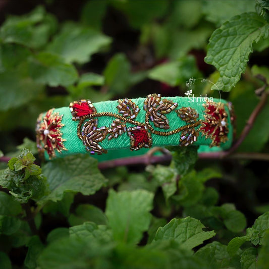 Emerald Intrigue – Beaded Raw Silk Bangle (1 pc)