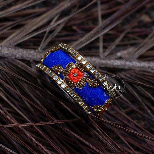 Royal Blue Elegance – Embellished Raw Silk Bangle