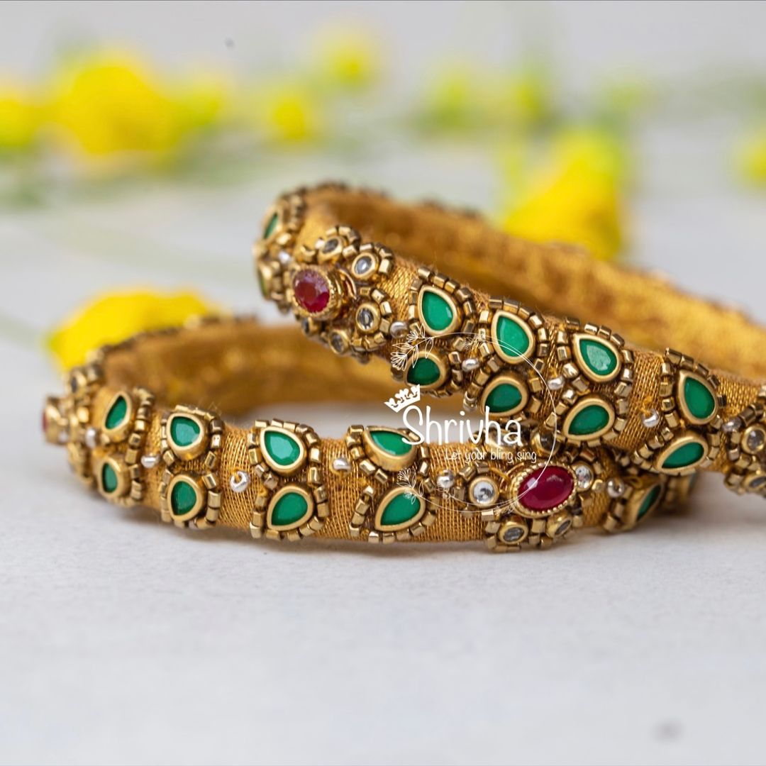 Antique Gold Studded Raw Silk Bangle (1 pc)