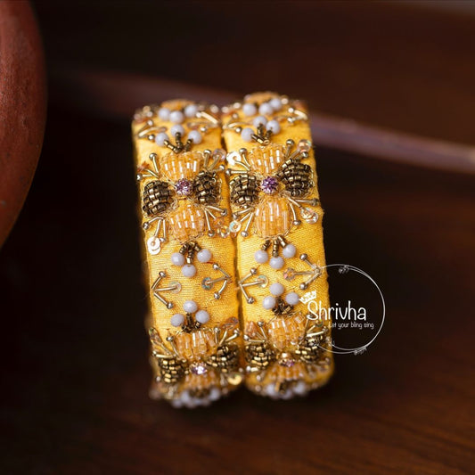 Sunset Glow – Amber Beaded Raw Silk Bangle