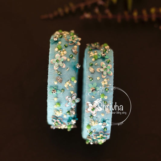 Aqua Blossom – Embellished Raw Silk Bangle (1 pc)