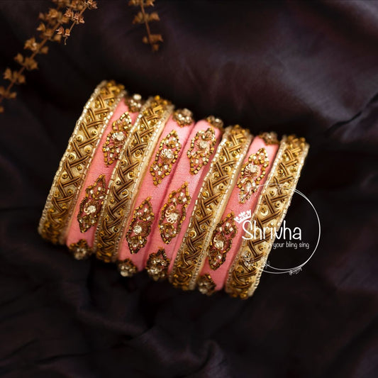Blush Gold Ornate Raw Silk Bangle Set