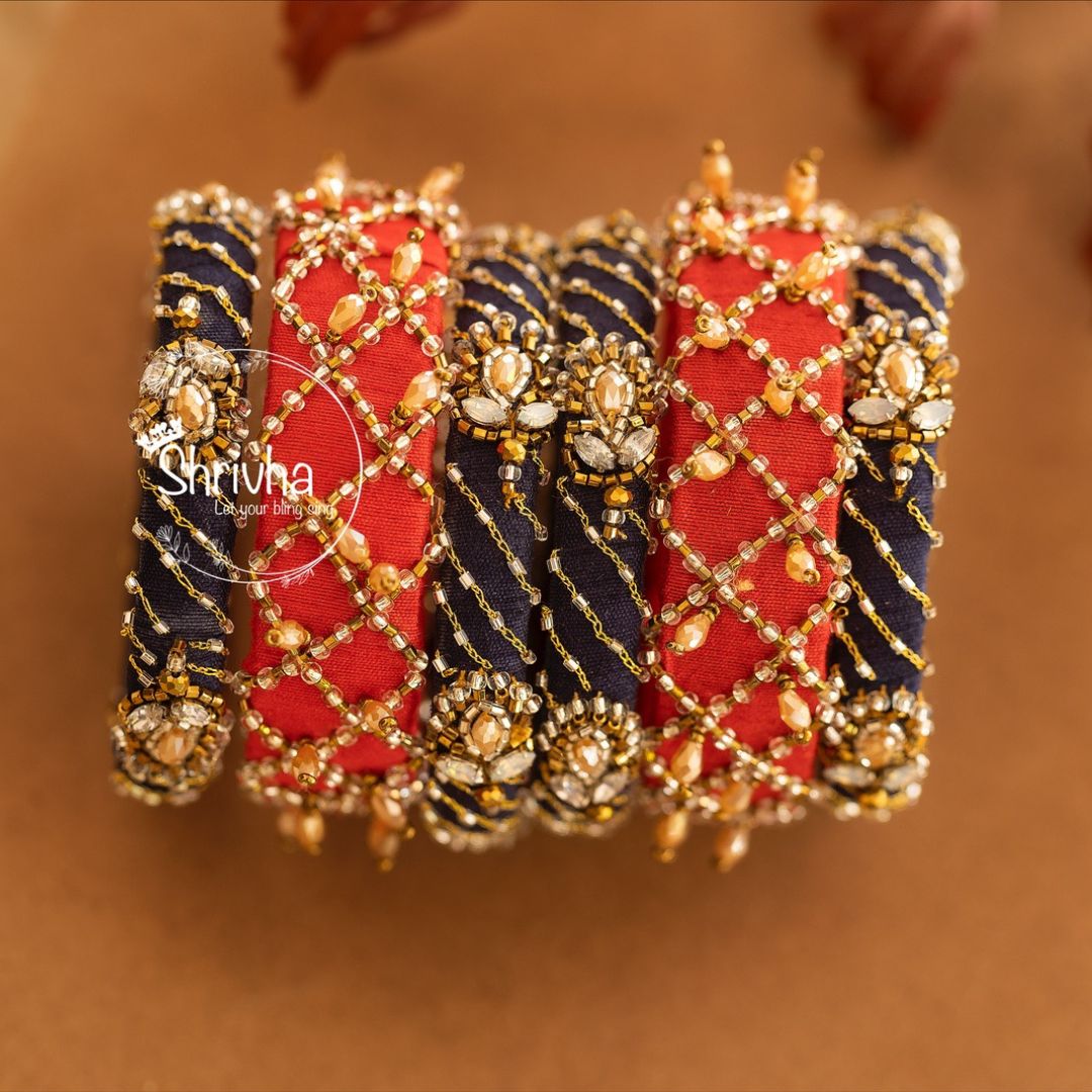 Crimson and Black Elegance Raw Silk Bangle Set