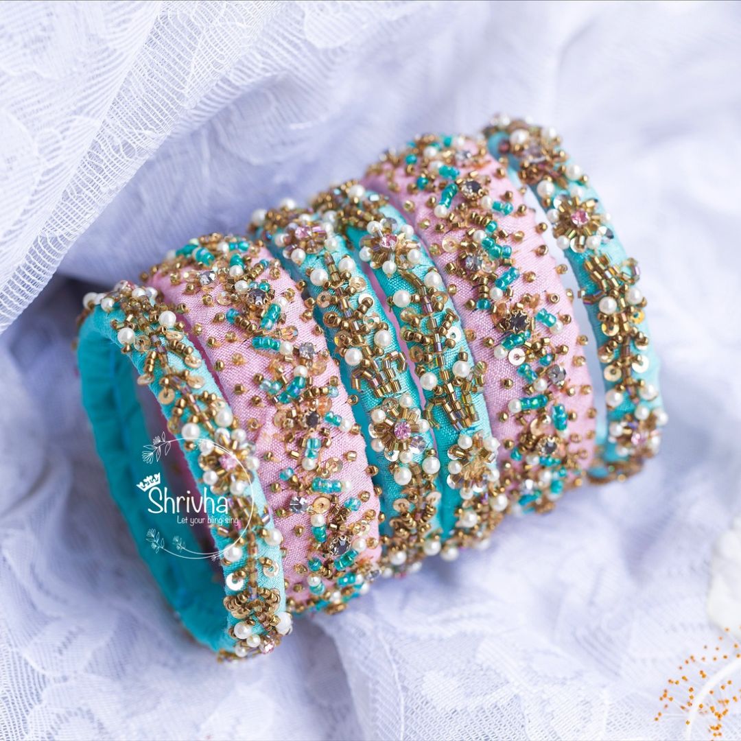 Turquoise Twilight & Pastel Pink Raw Silk Bangle Set