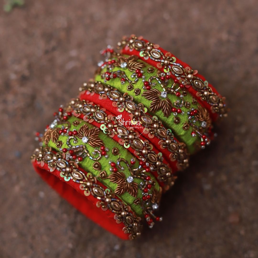 Emerald Envy & Red Raw Silk Bangle Duo