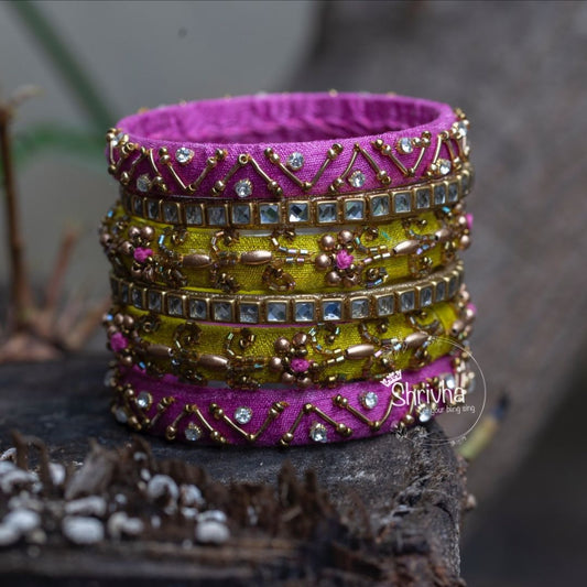 Magenta & Olive Embroidered – Raw Silk Bangle Set