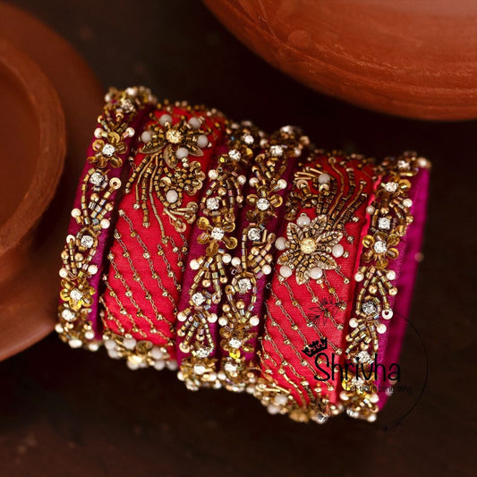 Ruby Red & Fuchsia Handcrafted – Raw Silk Bangle Set