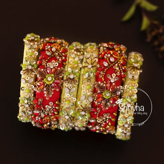 Scarlet Red & Chartreuse Floral – Raw Silk Bangle Set