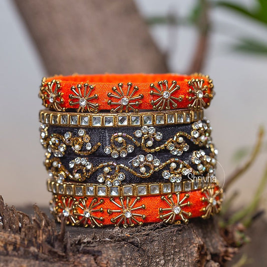 Tangerine & Charcoal Embroidered – Raw Silk Bangle Set