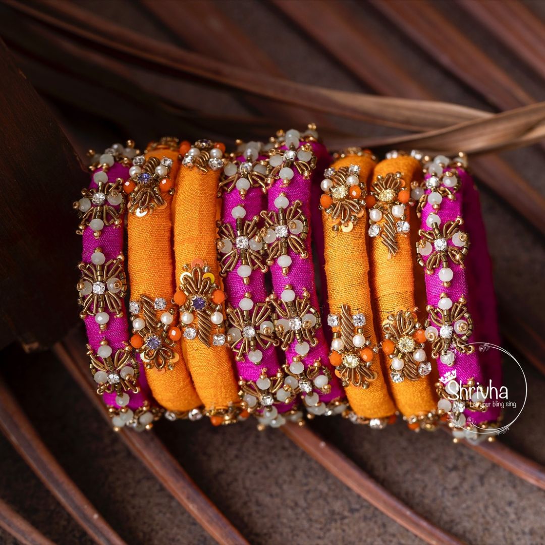 Saffron Orange & Magenta Bloom – Raw Silk Bangle Set