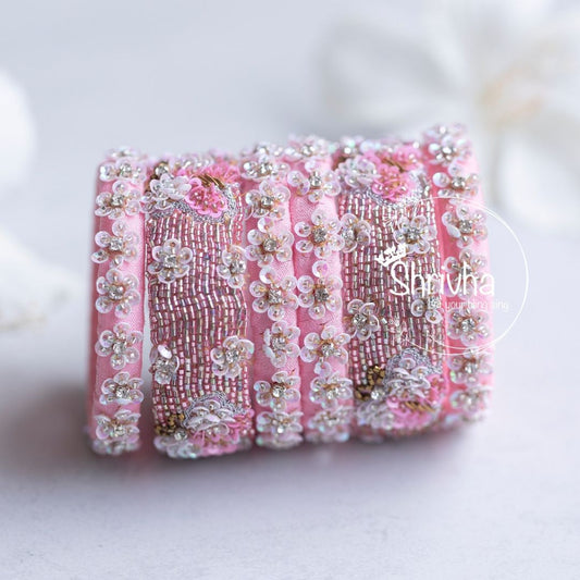 Blush Pink Floral Sequin – Raw Silk Bangle Set
