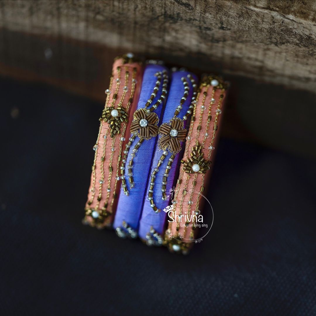 Cornflower Blue & Peach Beaded – Raw Silk Bangle Set