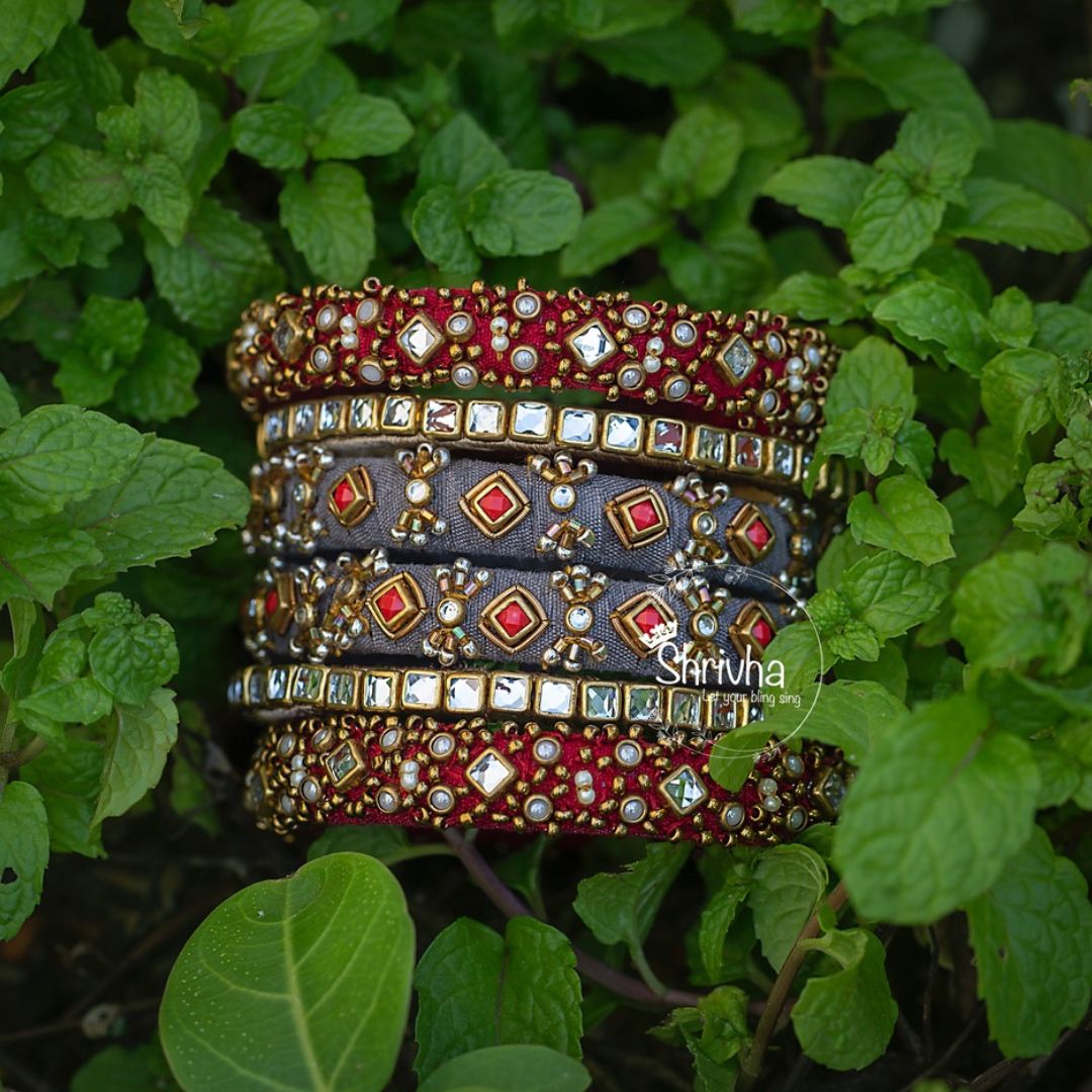 Burgundy & Midnight Bejeweled – Raw Silk Bangle Set