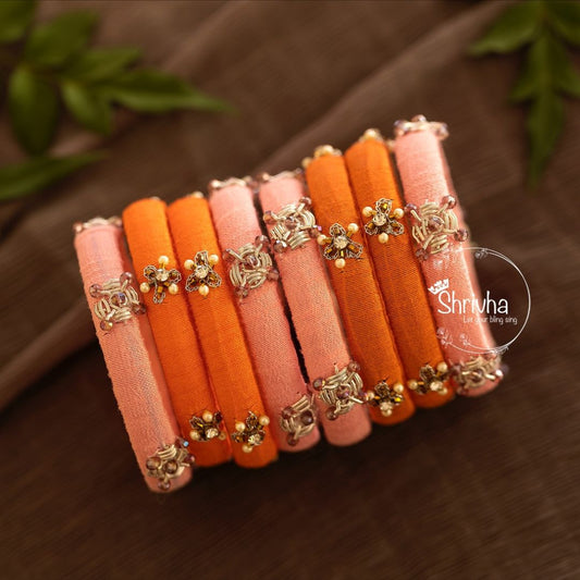 Coral Sunset & Peach Blossom – Raw Silk Bangle Set