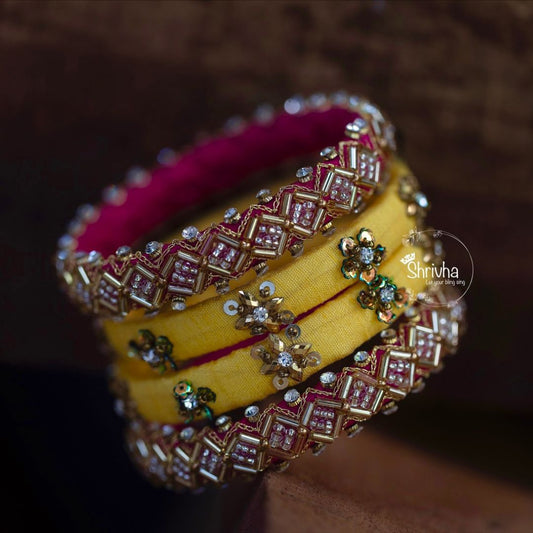 Saffron Gold & Fuchsia Fusion – Raw Silk Bangle Set