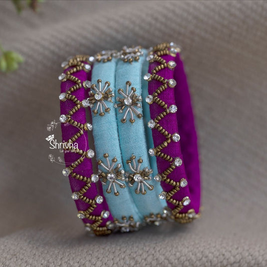 Sky Blue & Magenta Sparkle – Raw Silk Bangle Set
