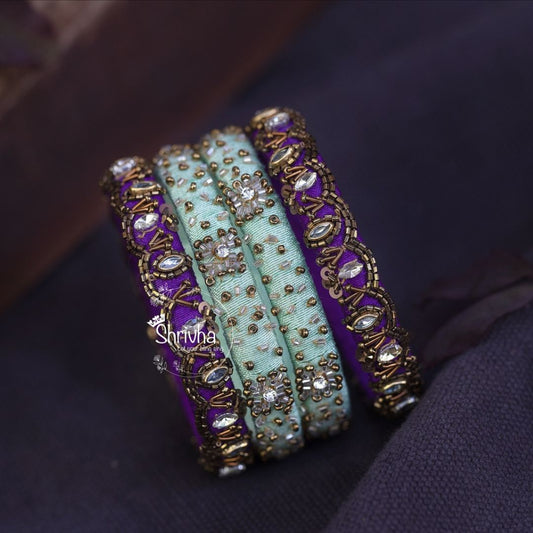 Regal Amethyst & Aqua Elegance – Raw Silk Bangle Set