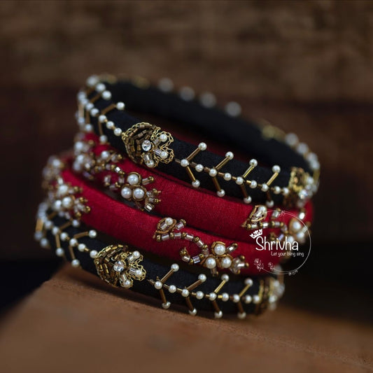 Classic Crimson & Onyx Pearl – Raw Silk Bangle Set