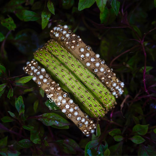 Lime Green & Pearl Essence – Raw Silk Bangle Set