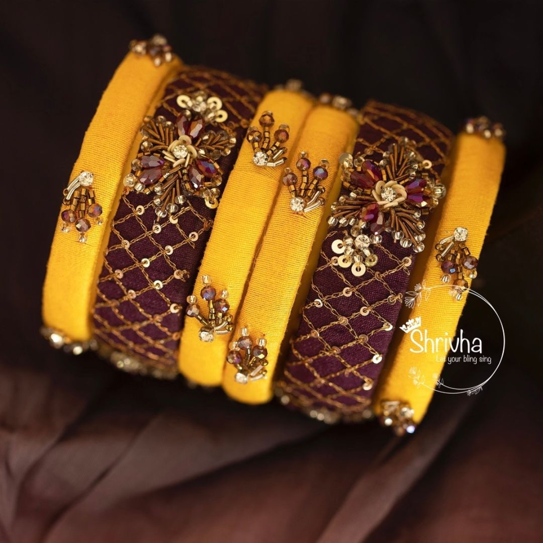 Amber Glow & Plum Intrigue – Raw Silk Bangle Set