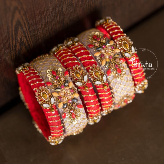 Shimmering Red & Gold Embroidered Raw Silk Bangles - (6 Set)