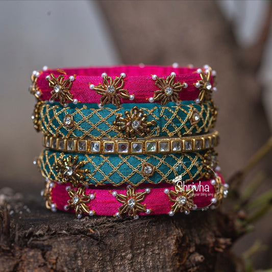 Teal & Magenta Majesty Raw Silk Bangle Set